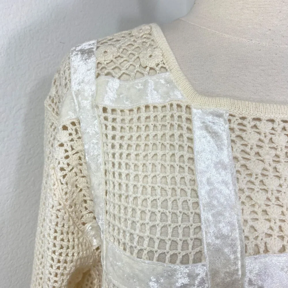 Otto Ivory Crochet Velvet Patchwork Top Large Long Sleeves Romantic Boho Whimsy